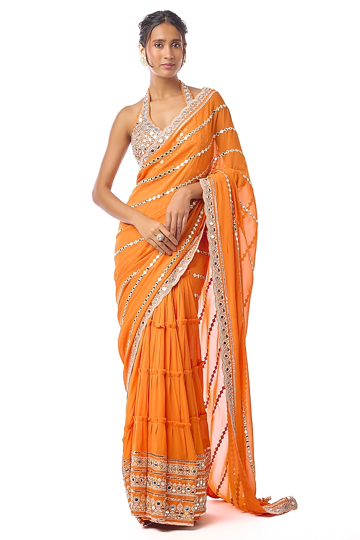 Orange Georgette Mirror Embroidered Wedding Saree Set by GOPI VAID at Pernia's Pop Up Shop