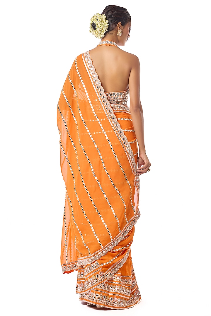 Orange Georgette Mirror Embroidered Wedding Saree Set by GOPI VAID at Pernia's Pop Up Shop