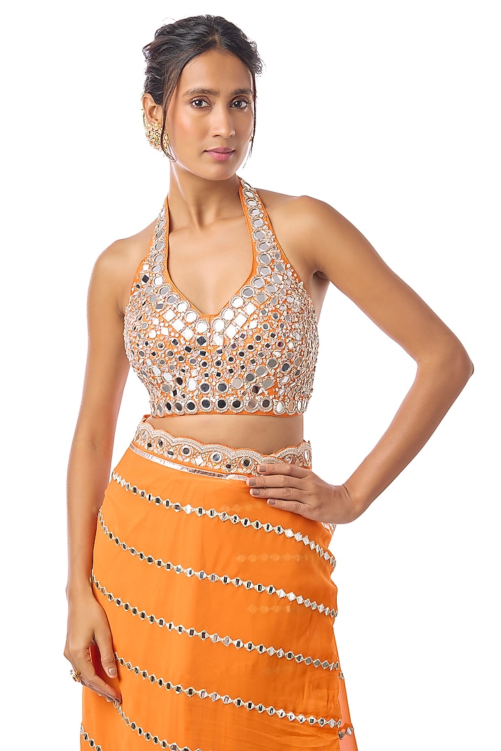 Orange Georgette Mirror Embroidered Wedding Saree Set by GOPI VAID at Pernia's Pop Up Shop