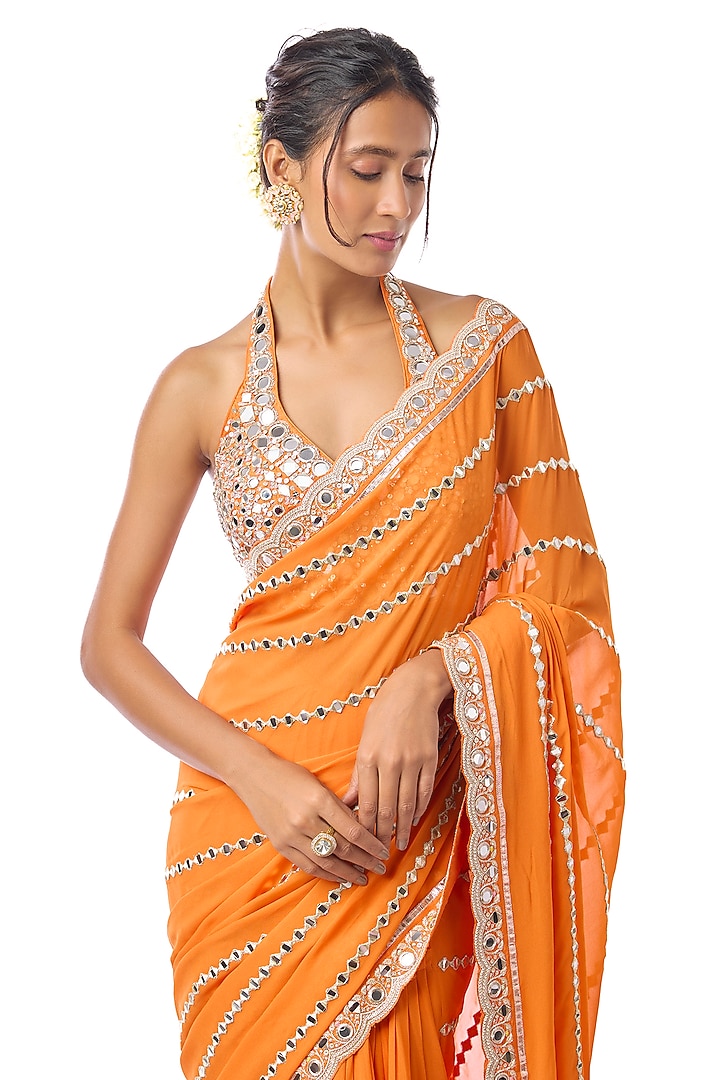 Orange Georgette Mirror Embroidered Wedding Saree Set by GOPI VAID at Pernia's Pop Up Shop