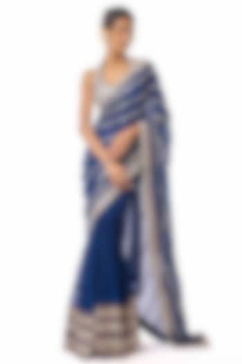 Blue Georgette Mirror Embroidered Wedding Saree Set by GOPI VAID at Pernia's Pop Up Shop