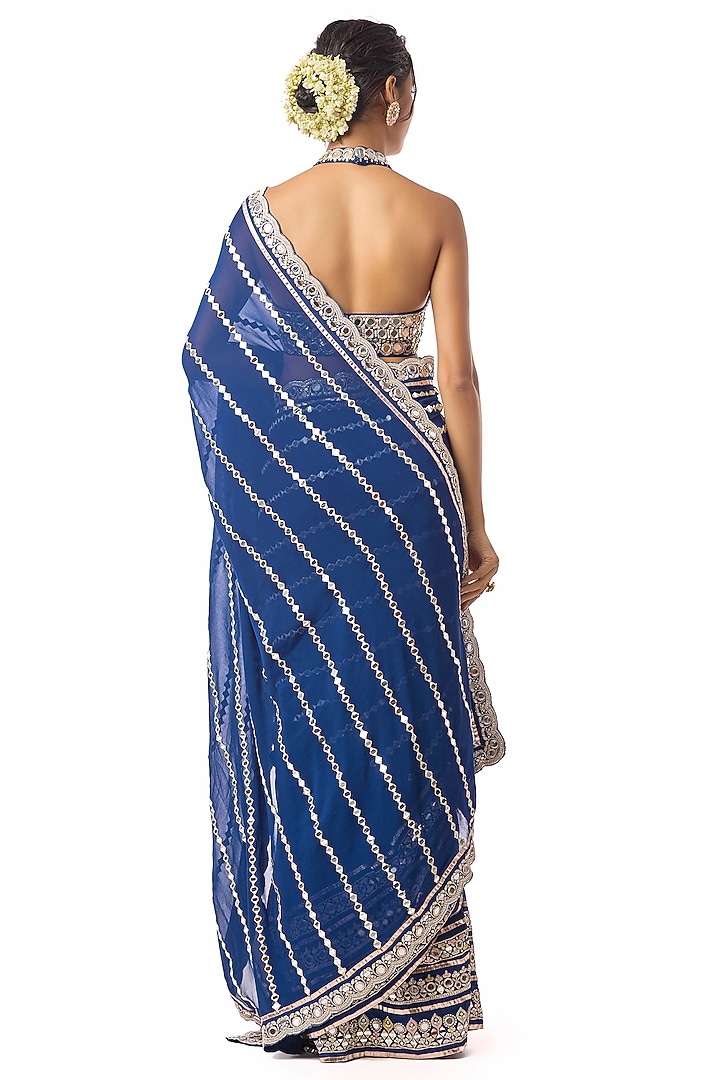Blue Georgette Mirror Embroidered Wedding Saree Set by GOPI VAID at Pernia's Pop Up Shop