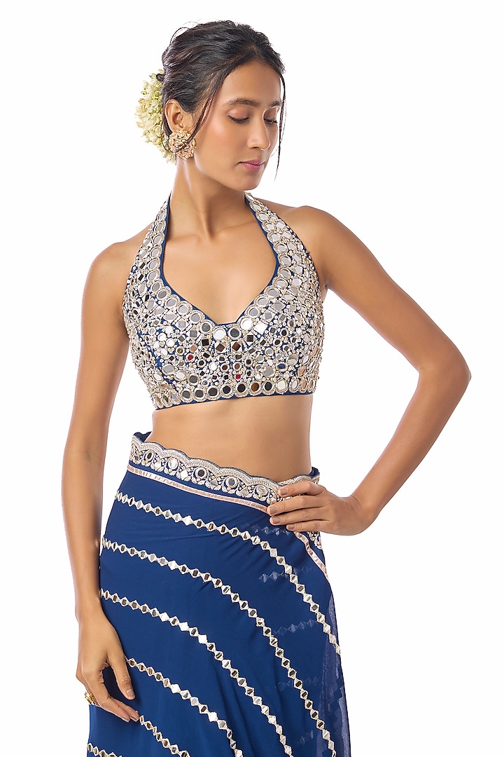 Blue Georgette Mirror Embroidered Wedding Saree Set by GOPI VAID at Pernia's Pop Up Shop