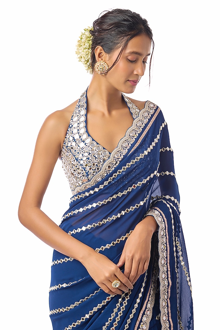Blue Georgette Mirror Embroidered Wedding Saree Set by GOPI VAID at Pernia's Pop Up Shop
