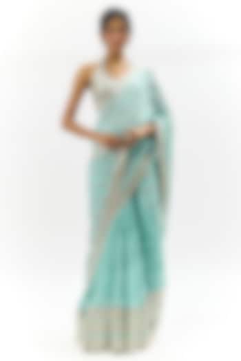 Blue Georgette Floral Hand Embroidered Wedding Saree Set by GOPI VAID at Pernia's Pop Up Shop