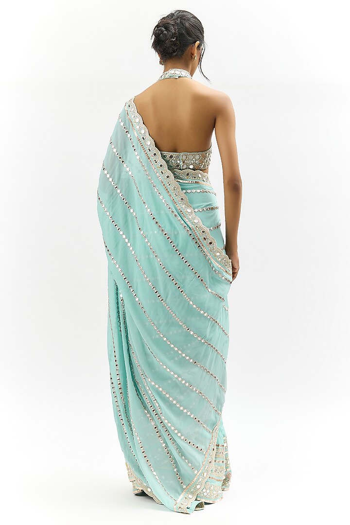 Blue Georgette Floral Hand Embroidered Wedding Saree Set by GOPI VAID at Pernia's Pop Up Shop