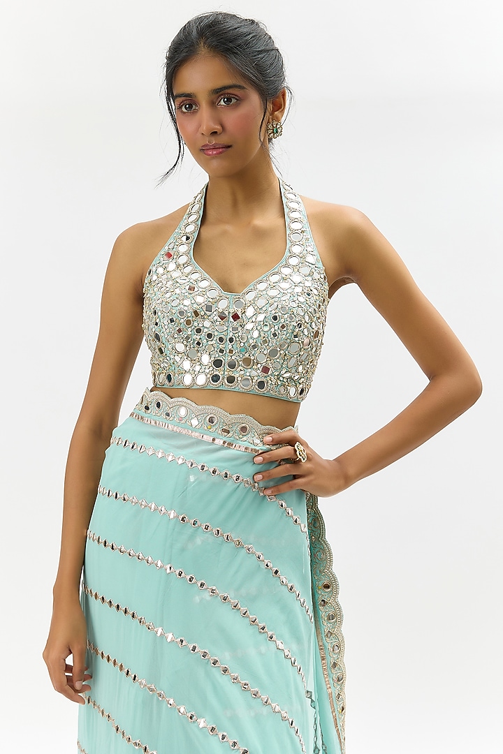 Blue Georgette Floral Hand Embroidered Wedding Saree Set by GOPI VAID at Pernia's Pop Up Shop