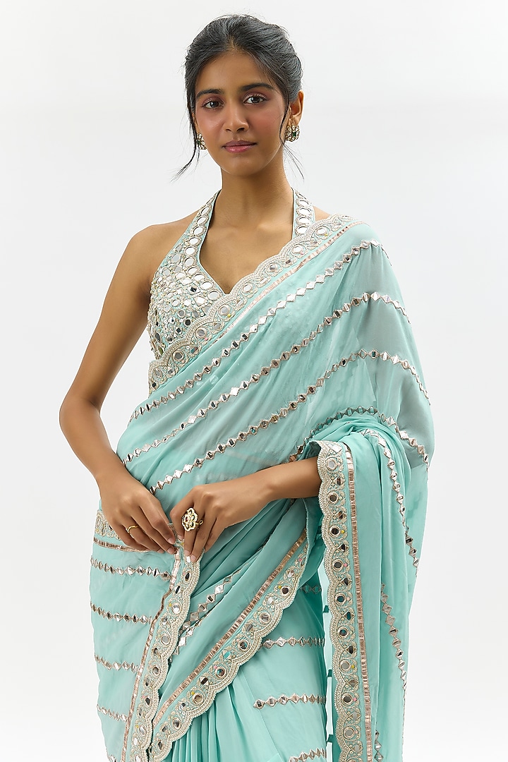 Blue Georgette Floral Hand Embroidered Wedding Saree Set by GOPI VAID at Pernia's Pop Up Shop