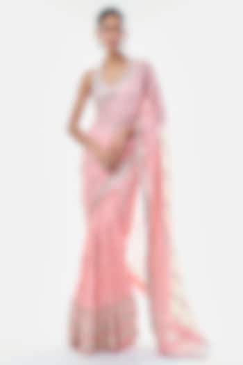 Pink Georgette Floral Embroidered Wedding Saree Set by GOPI VAID at Pernia's Pop Up Shop