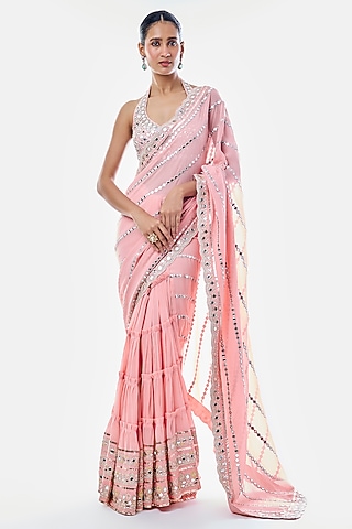 Pink Georgette Floral Embroidered Saree Set by GOPI VAID