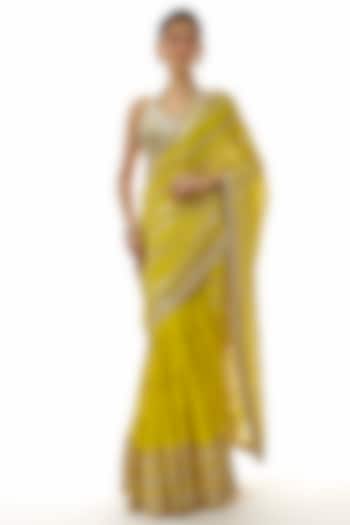 Yellow Georgette Mirror Hand Embroidered Wedding Saree Set by GOPI VAID at Pernia's Pop Up Shop