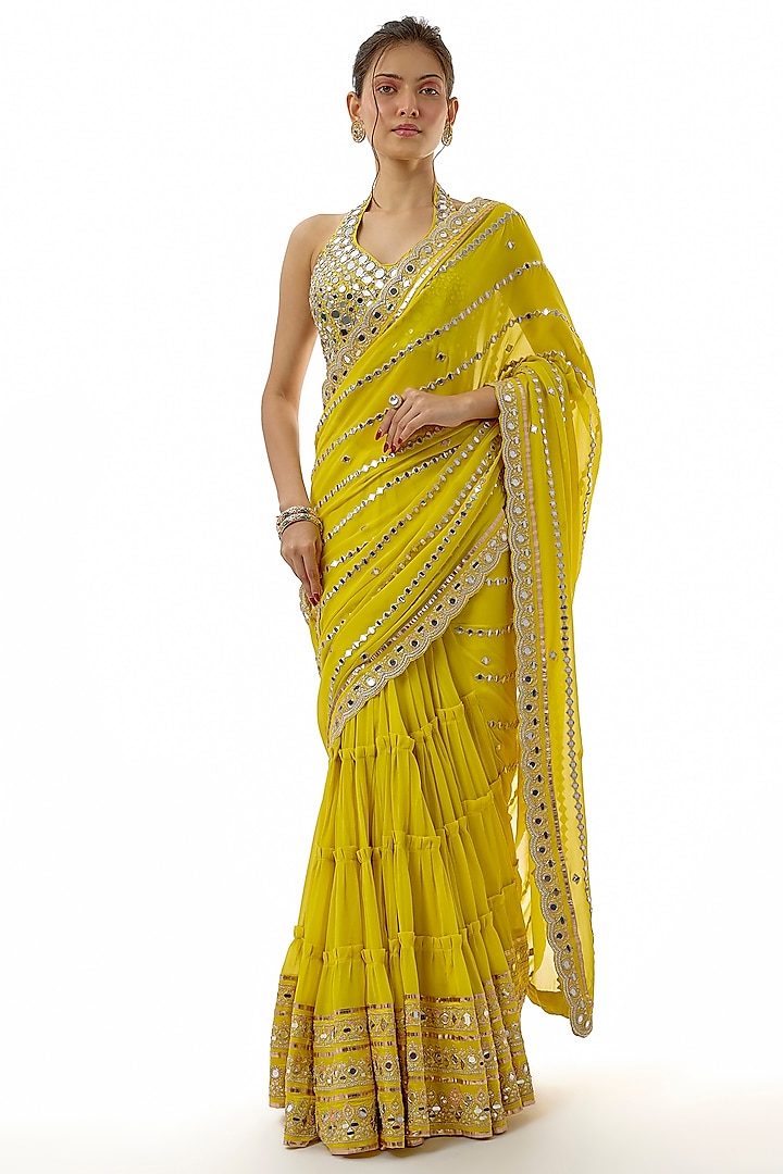 Yellow Georgette Mirror Hand Embroidered Wedding Saree Set by GOPI VAID at Pernia's Pop Up Shop