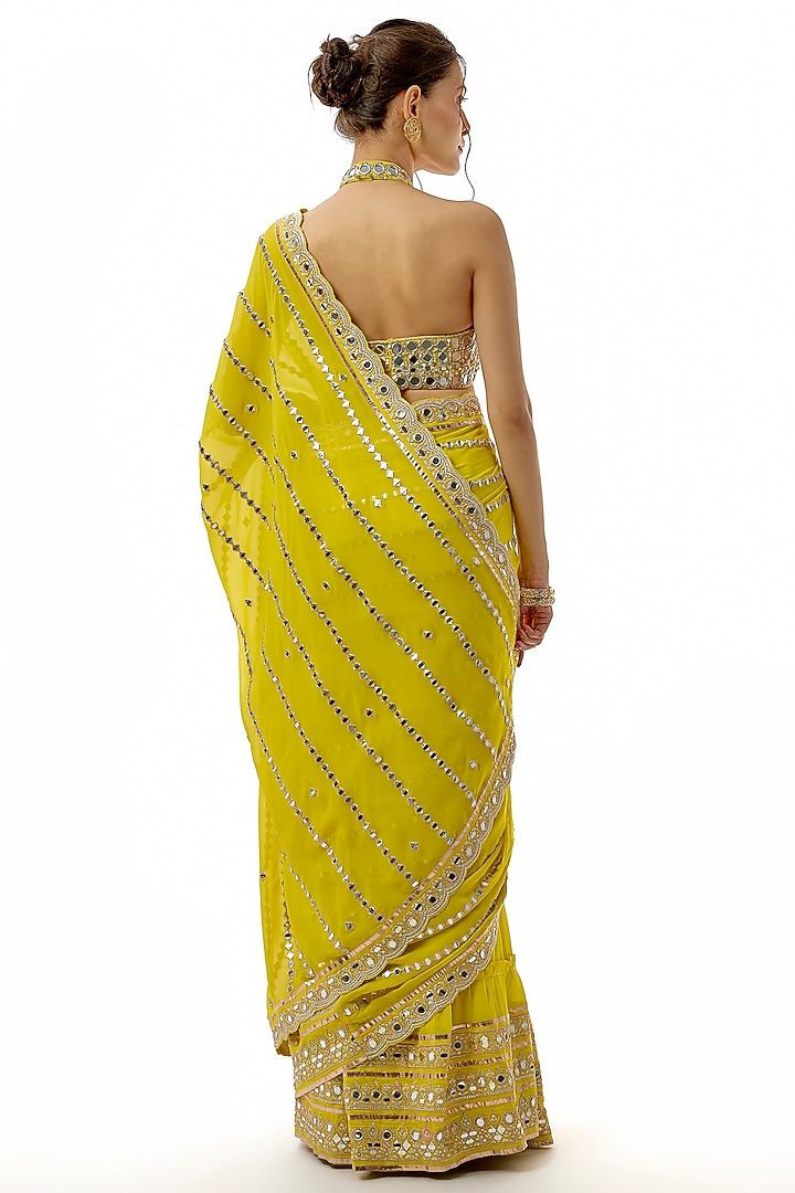 Yellow Georgette Mirror Hand Embroidered Wedding Saree Set by GOPI VAID at Pernia's Pop Up Shop