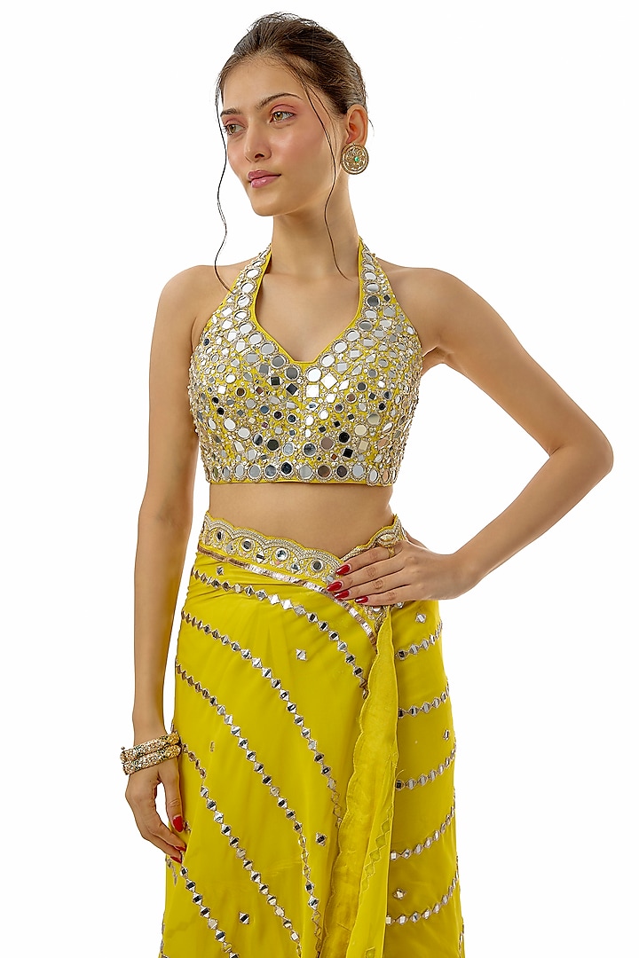 Yellow Georgette Mirror Hand Embroidered Wedding Saree Set by GOPI VAID at Pernia's Pop Up Shop