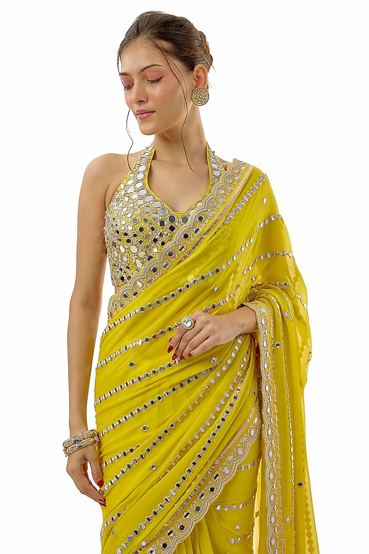 Yellow Georgette Mirror Hand Embroidered Wedding Saree Set by GOPI VAID at Pernia's Pop Up Shop