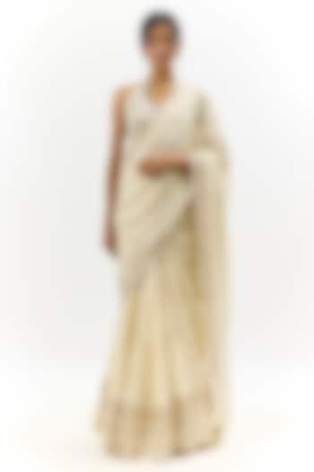 Ivory Georgette Floral Hand Embroidered Wedding Saree Set by GOPI VAID at Pernia's Pop Up Shop