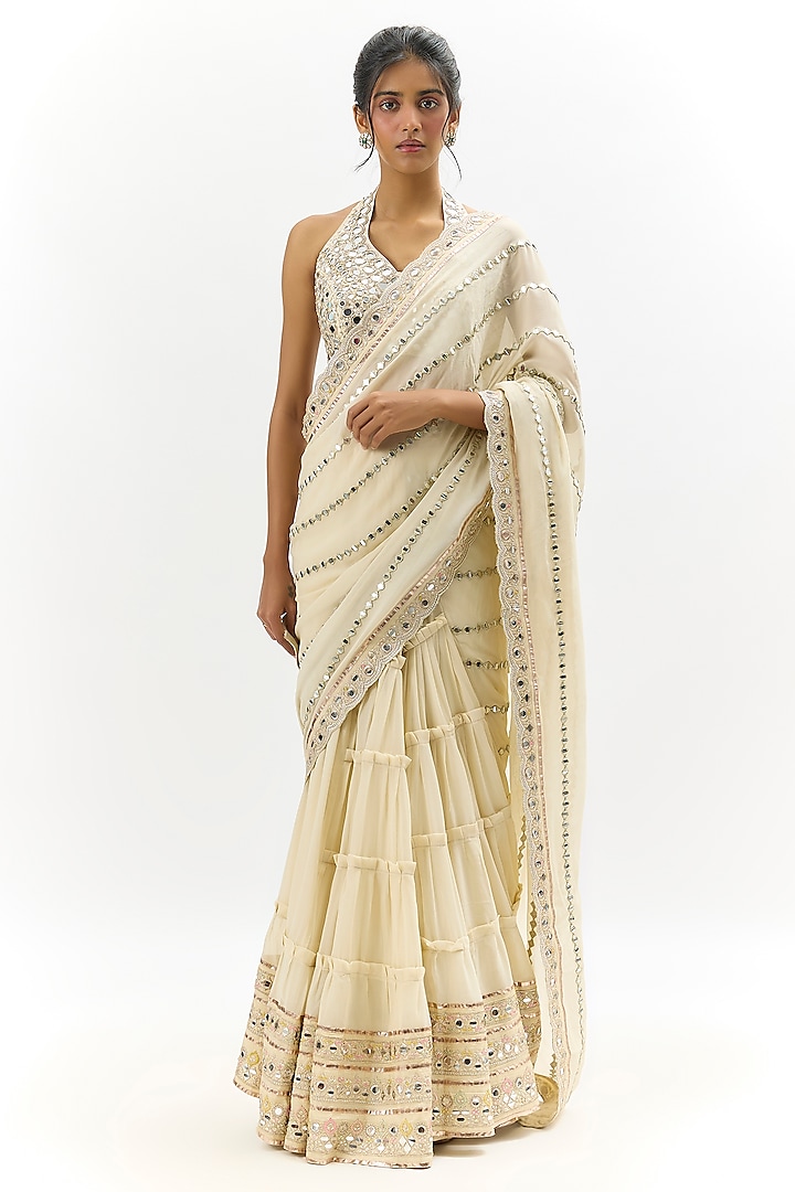 Ivory Georgette Floral Hand Embroidered Wedding Saree Set by GOPI VAID at Pernia's Pop Up Shop