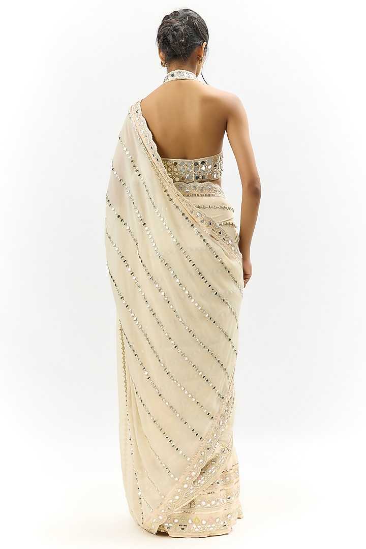 Ivory Georgette Floral Hand Embroidered Wedding Saree Set by GOPI VAID at Pernia's Pop Up Shop