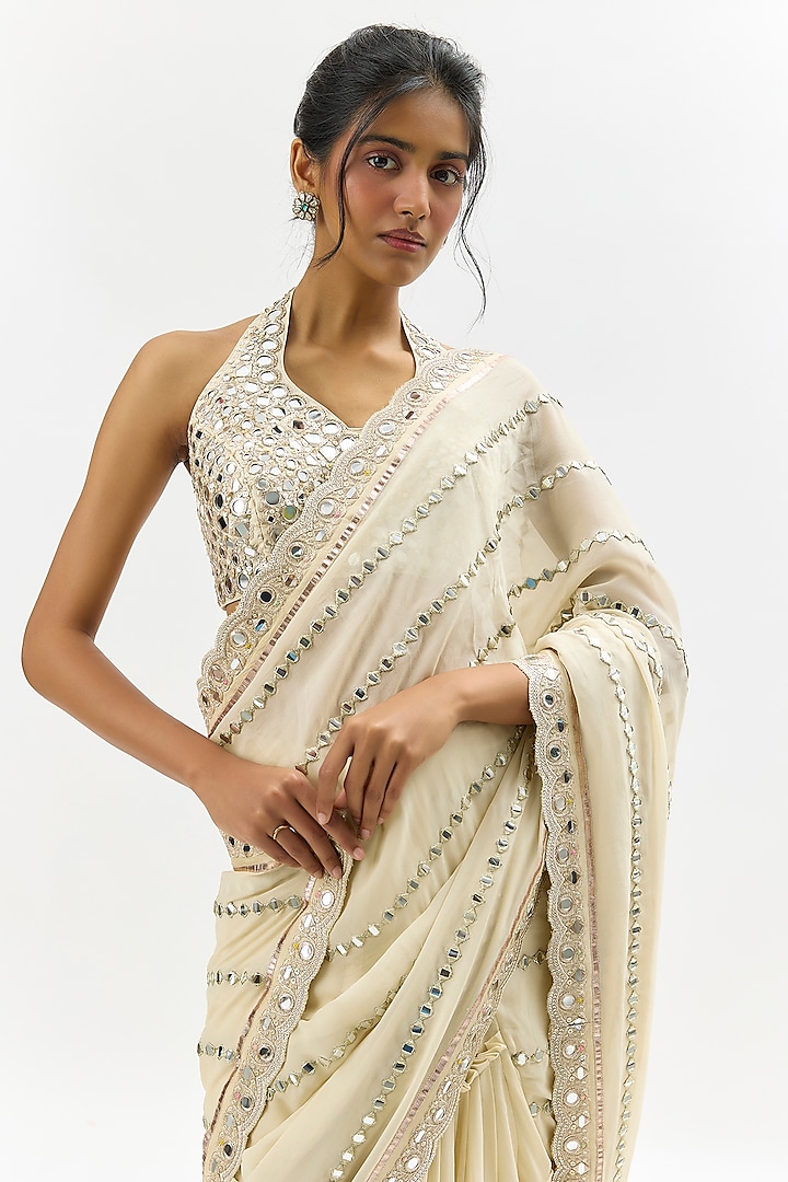 Ivory Georgette Floral Hand Embroidered Wedding Saree Set by GOPI VAID at Pernia's Pop Up Shop