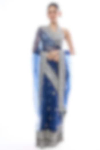 Blue Organza Embroidered Wedding Saree Set by GOPI VAID at Pernia's Pop Up Shop