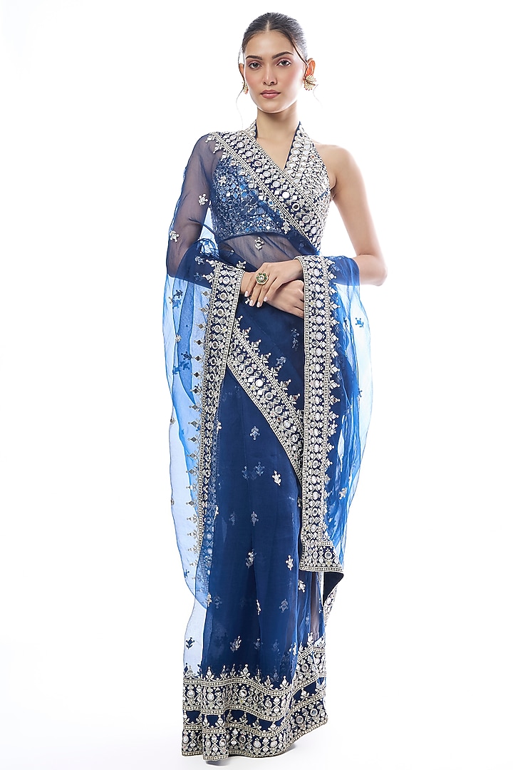 Blue Organza Embroidered Wedding Saree Set by GOPI VAID at Pernia's Pop Up Shop