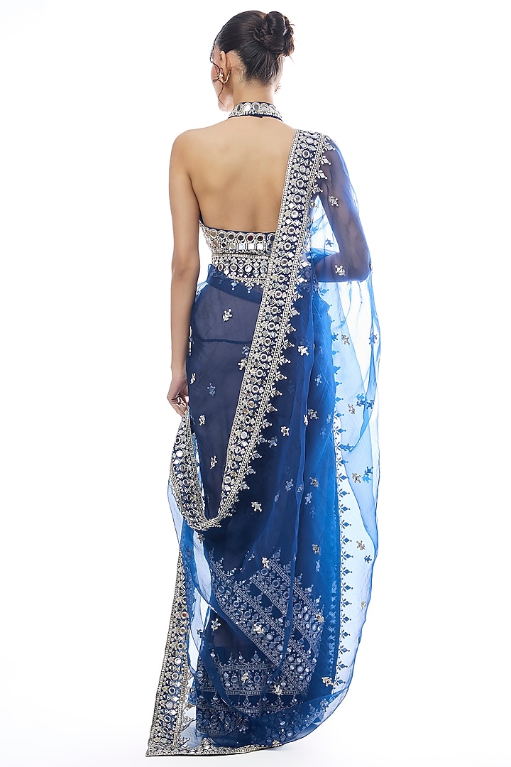 Blue Organza Embroidered Wedding Saree Set by GOPI VAID at Pernia's Pop Up Shop