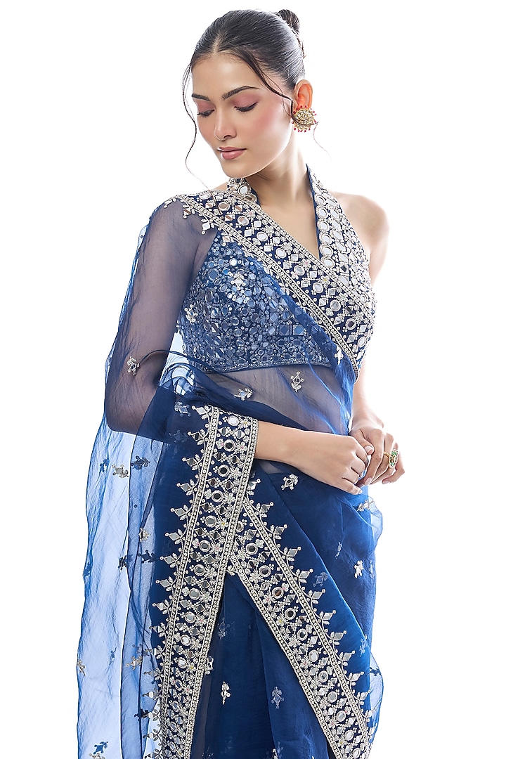 Blue Organza Embroidered Wedding Saree Set by GOPI VAID at Pernia's Pop Up Shop