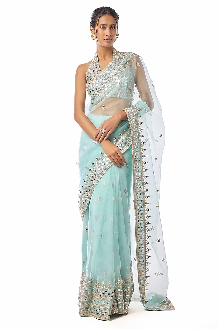 Blue Organza Mirror Embroidered Wedding Saree Set by GOPI VAID at Pernia's Pop Up Shop