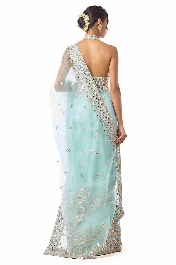 Blue Organza Mirror Embroidered Wedding Saree Set by GOPI VAID at Pernia's Pop Up Shop