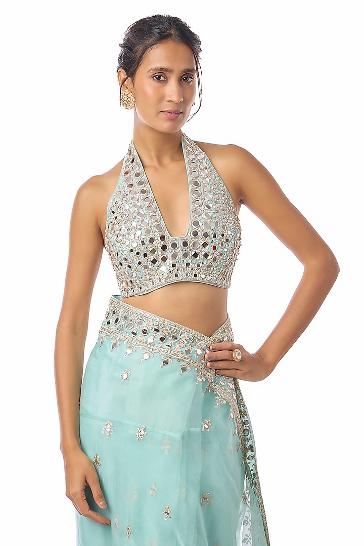 Blue Organza Mirror Embroidered Wedding Saree Set by GOPI VAID at Pernia's Pop Up Shop