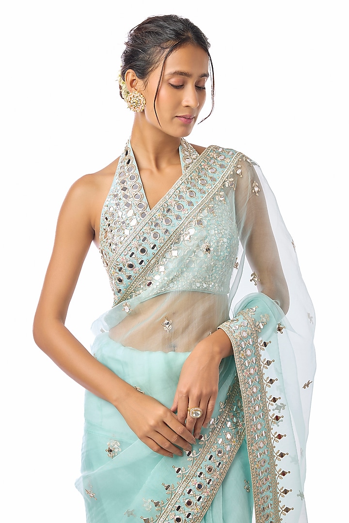 Blue Organza Mirror Embroidered Wedding Saree Set by GOPI VAID at Pernia's Pop Up Shop