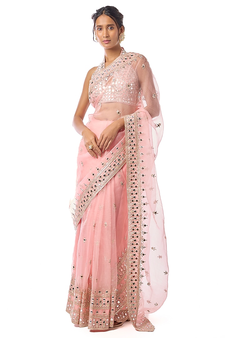 Pink Organza Mirror Embroidered Wedding Saree Set by GOPI VAID at Pernia's Pop Up Shop