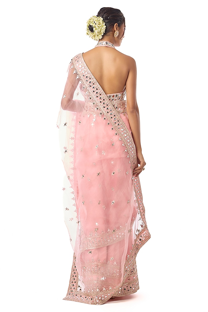 Pink Organza Mirror Embroidered Wedding Saree Set by GOPI VAID at Pernia's Pop Up Shop