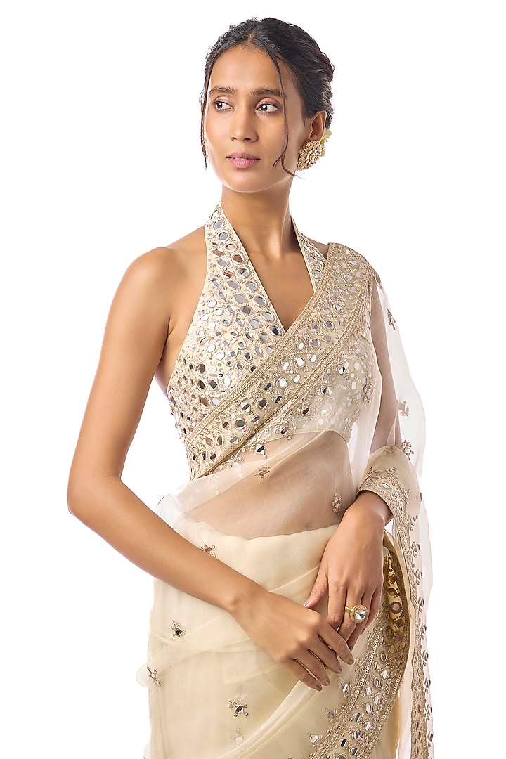 Ivory Organza Mirror Embroidered Wedding Saree Set by GOPI VAID at Pernia's Pop Up Shop