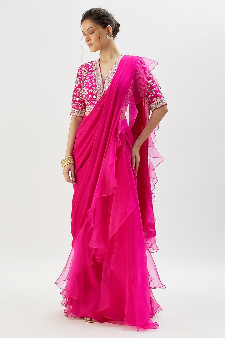 Pink Chiffon Layered Ruffled Wedding Saree Set by GOPI VAID at Pernia's Pop Up Shop