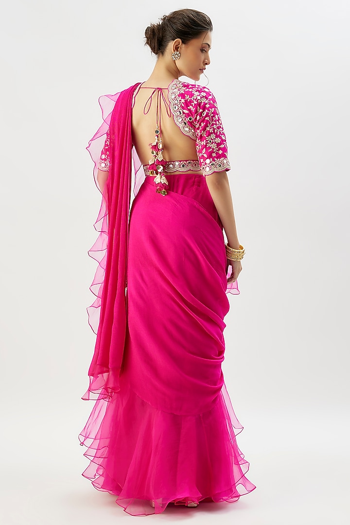 Pink Chiffon Layered Ruffled Wedding Saree Set by GOPI VAID at Pernia's Pop Up Shop