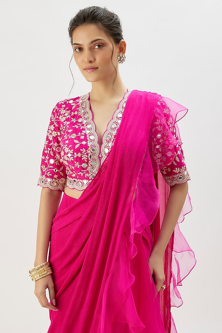 Pink Chiffon Layered Ruffled Wedding Saree Set by GOPI VAID at Pernia's Pop Up Shop