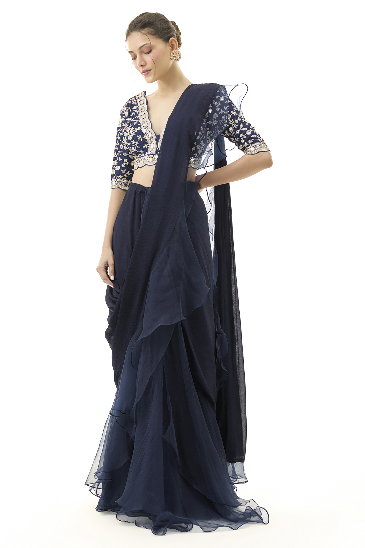 Blue Chiffon & Organza Ruffled Wedding Saree Set by GOPI VAID at Pernia's Pop Up Shop