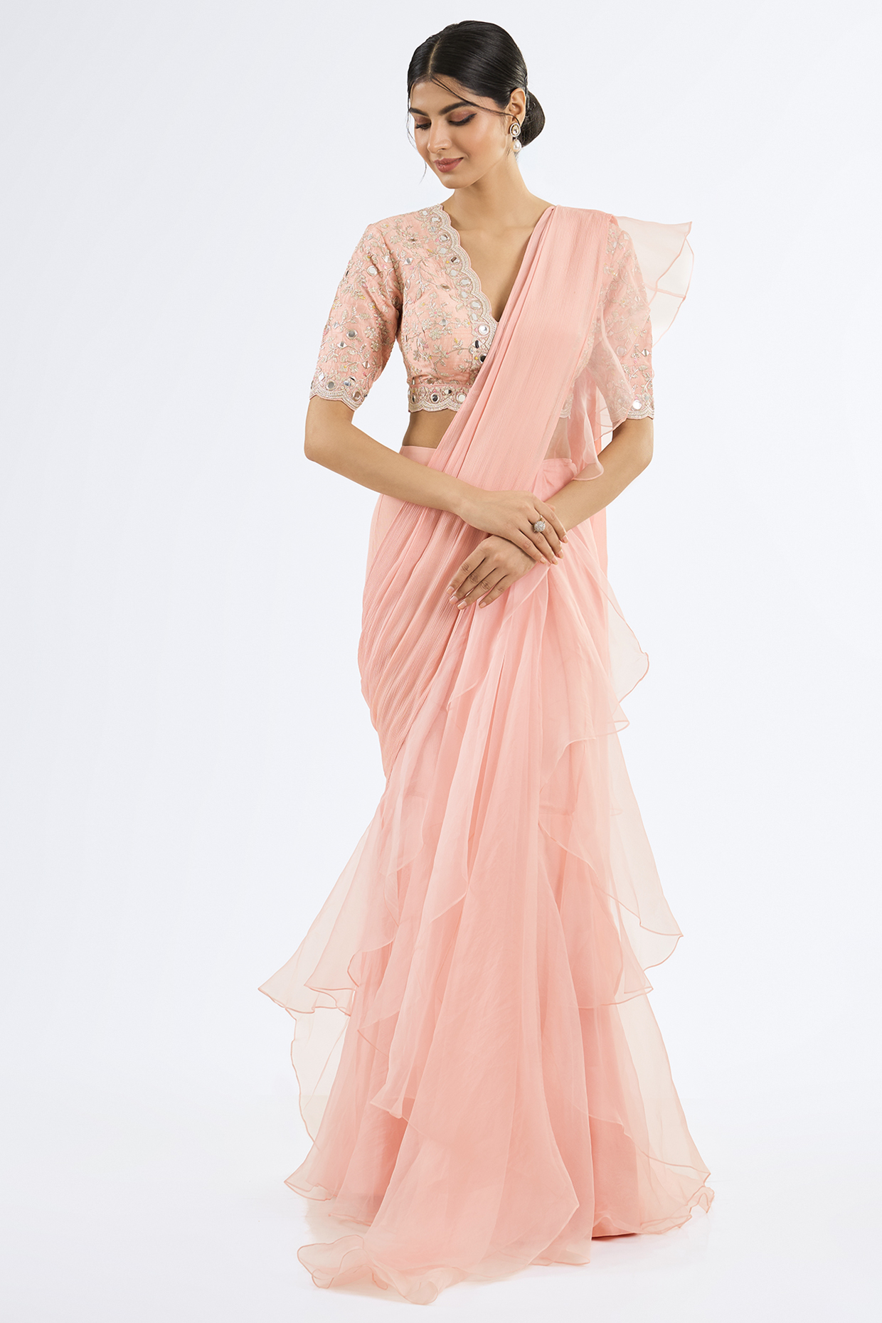 Pink Chiffon & Organza Ruffled Saree Set by GOPI VAID at Pernia's Pop Up Shop