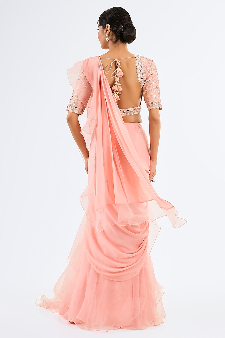 Pink Chiffon & Organza Ruffled Wedding Saree Set by GOPI VAID at Pernia's Pop Up Shop