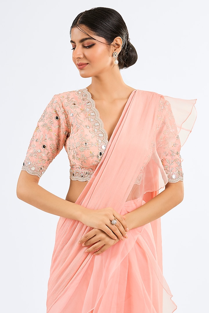 Pink Chiffon & Organza Ruffled Wedding Saree Set by GOPI VAID at Pernia's Pop Up Shop