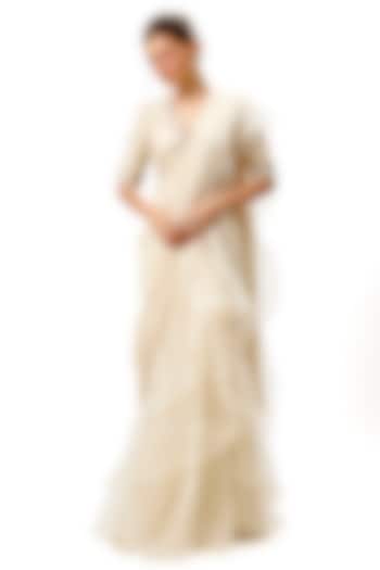Ivory Chiffon & Organza Ruffled Layered Wedding Saree Set by Gopi Vaid at Pernia's Pop Up Shop