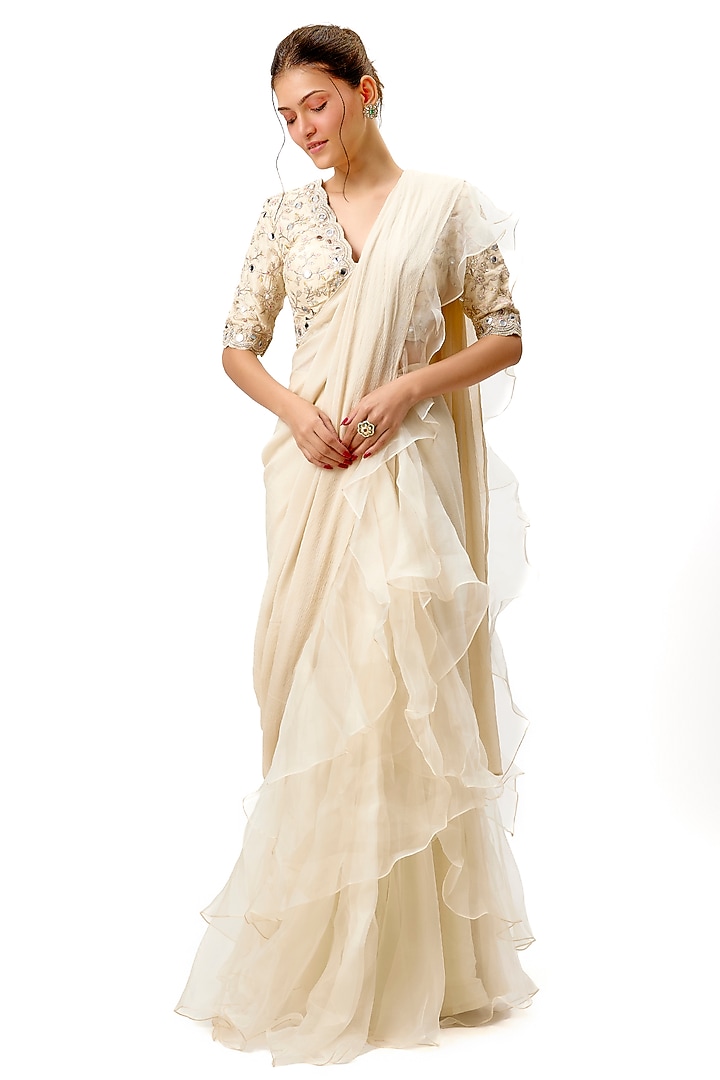 Ivory Chiffon & Organza Ruffled Layered Wedding Saree Set by Gopi Vaid at Pernia's Pop Up Shop