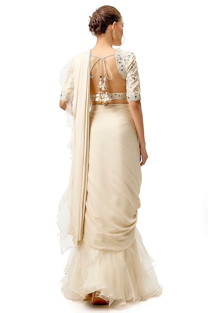 Ivory Chiffon & Organza Ruffled Layered Wedding Saree Set by Gopi Vaid at Pernia's Pop Up Shop