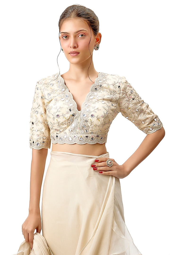 Ivory Chiffon & Organza Ruffled Layered Wedding Saree Set by Gopi Vaid at Pernia's Pop Up Shop