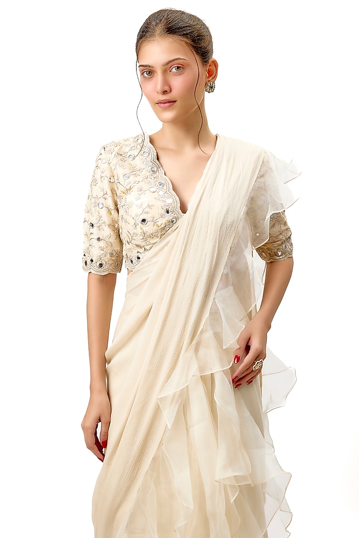 Ivory Chiffon & Organza Ruffled Layered Wedding Saree Set by Gopi Vaid at Pernia's Pop Up Shop