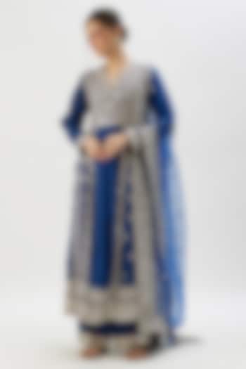 Blue Tussar Mirror Embroidered Wedding Anarkali Set by GOPI VAID at Pernia's Pop Up Shop