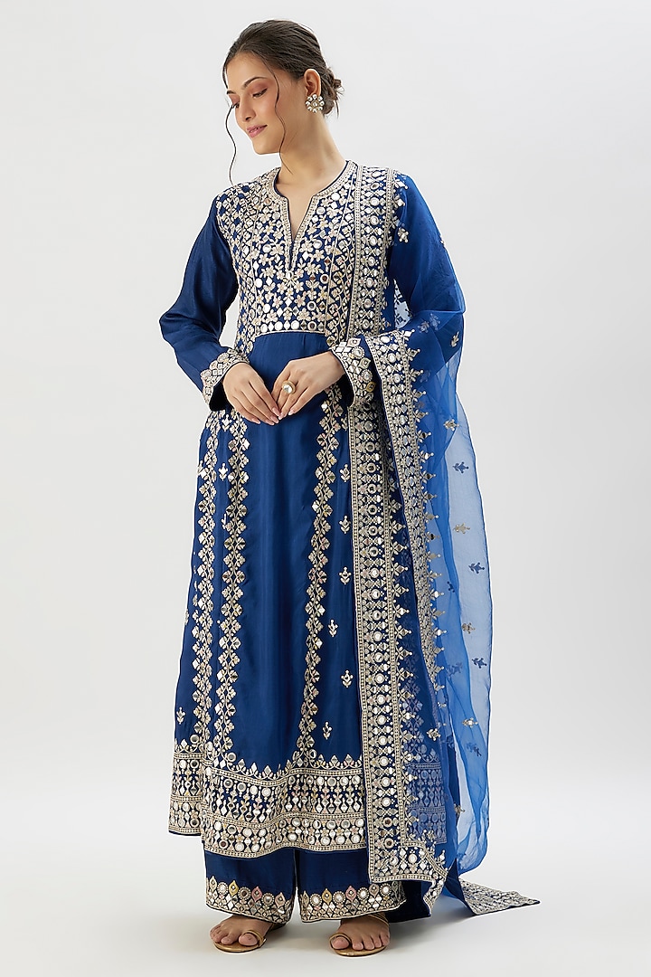 Blue Tussar Mirror Embroidered Wedding Anarkali Set by GOPI VAID at Pernia's Pop Up Shop