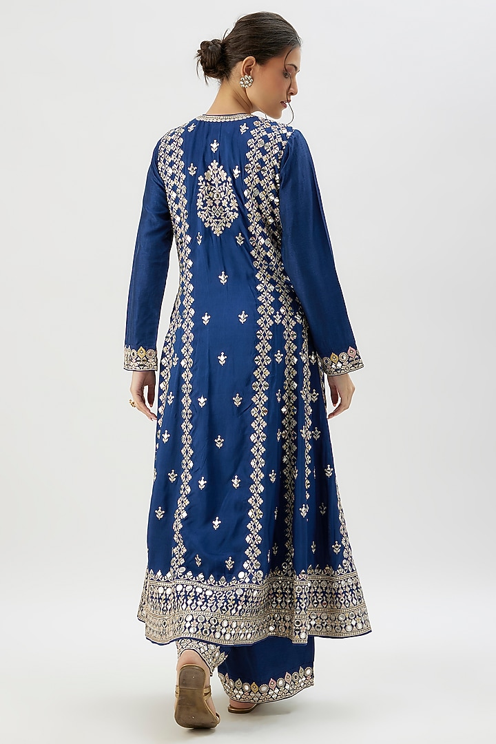 Blue Tussar Mirror Embroidered Wedding Anarkali Set by GOPI VAID at Pernia's Pop Up Shop