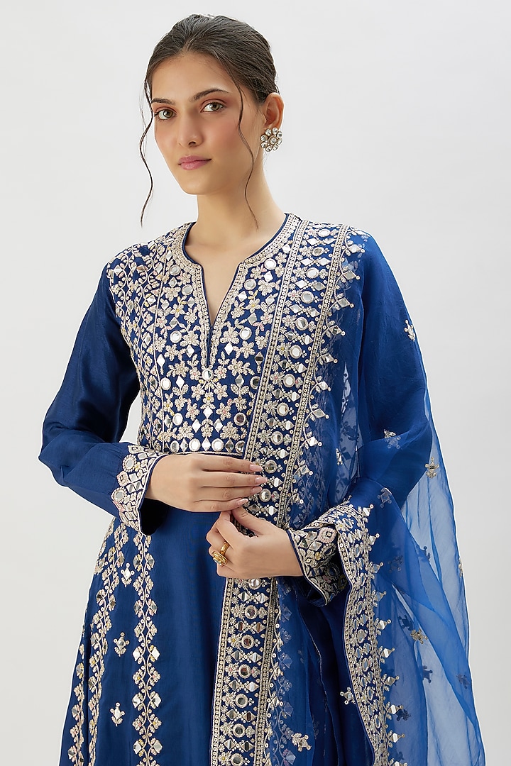 Blue Tussar Mirror Embroidered Wedding Anarkali Set by GOPI VAID at Pernia's Pop Up Shop